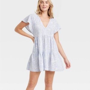 Women’s Short Sleeve Mini Skater Dress Pale Blue Floral